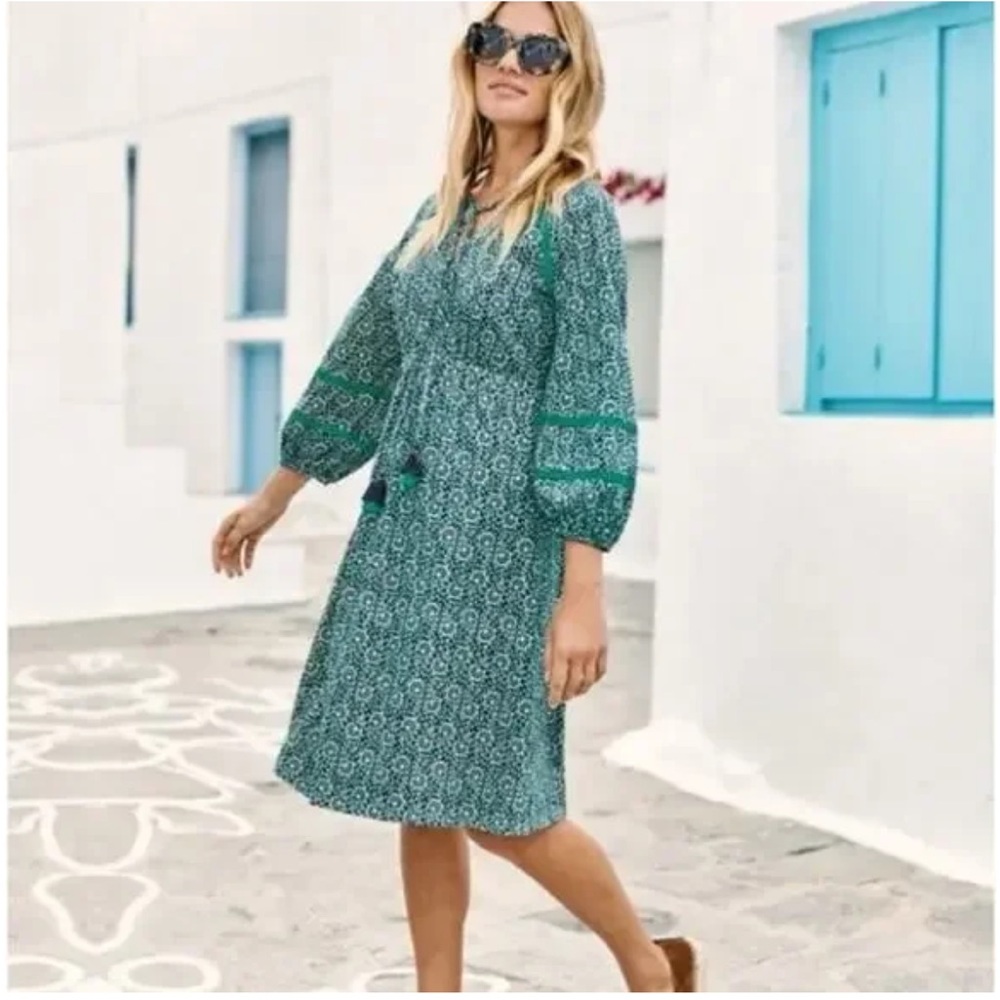 Boden 2R Green Printed Puff-Sleeve Women's Dress